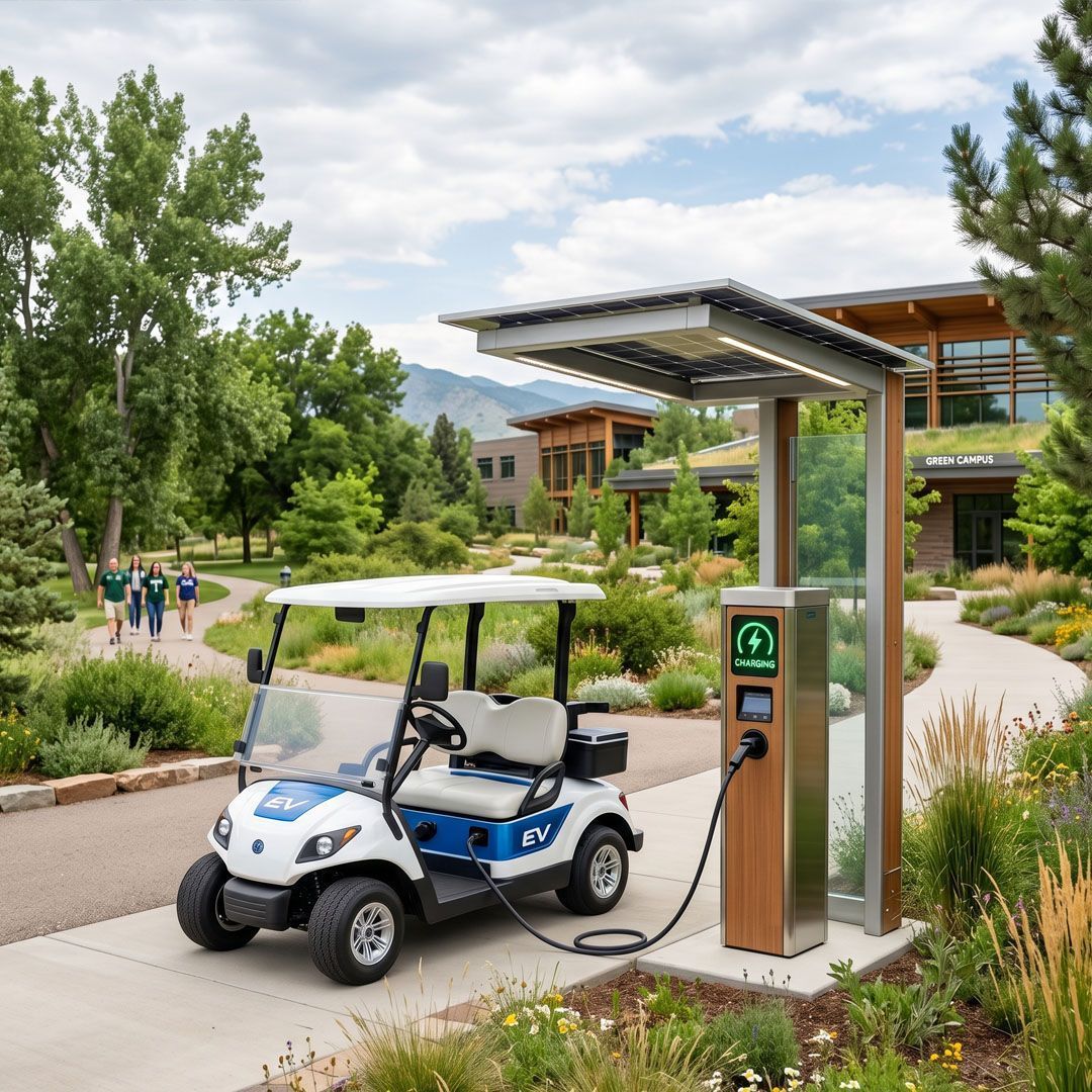 White electric golf cart charging at a station on a landscaped campus walkway.