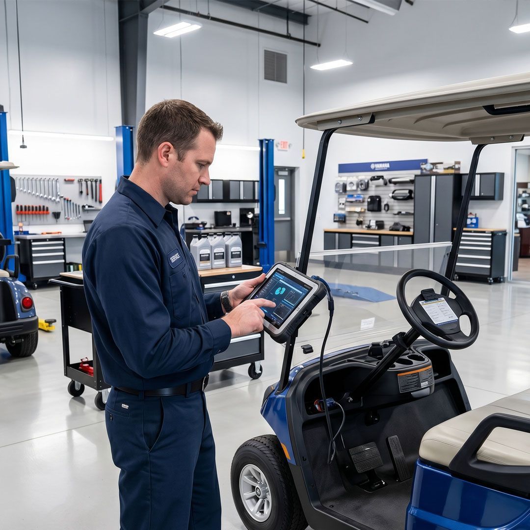 Technician using a tablet beside a blue golf cart in a bright workshop