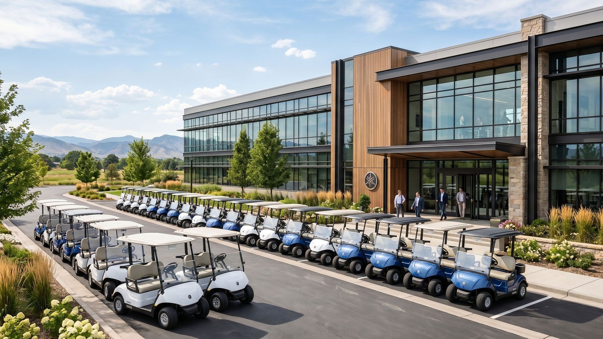 Rows of white and blue golf carts parked outside a modern office building on a sunny day