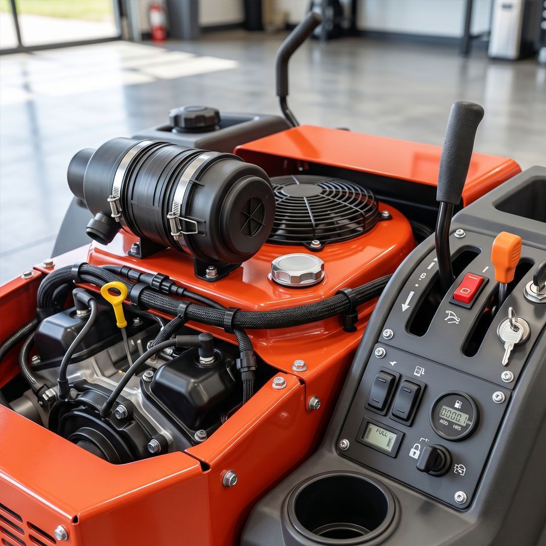 Red utility vehicle dashboard with controls and a mounted cylindrical component on an orange body