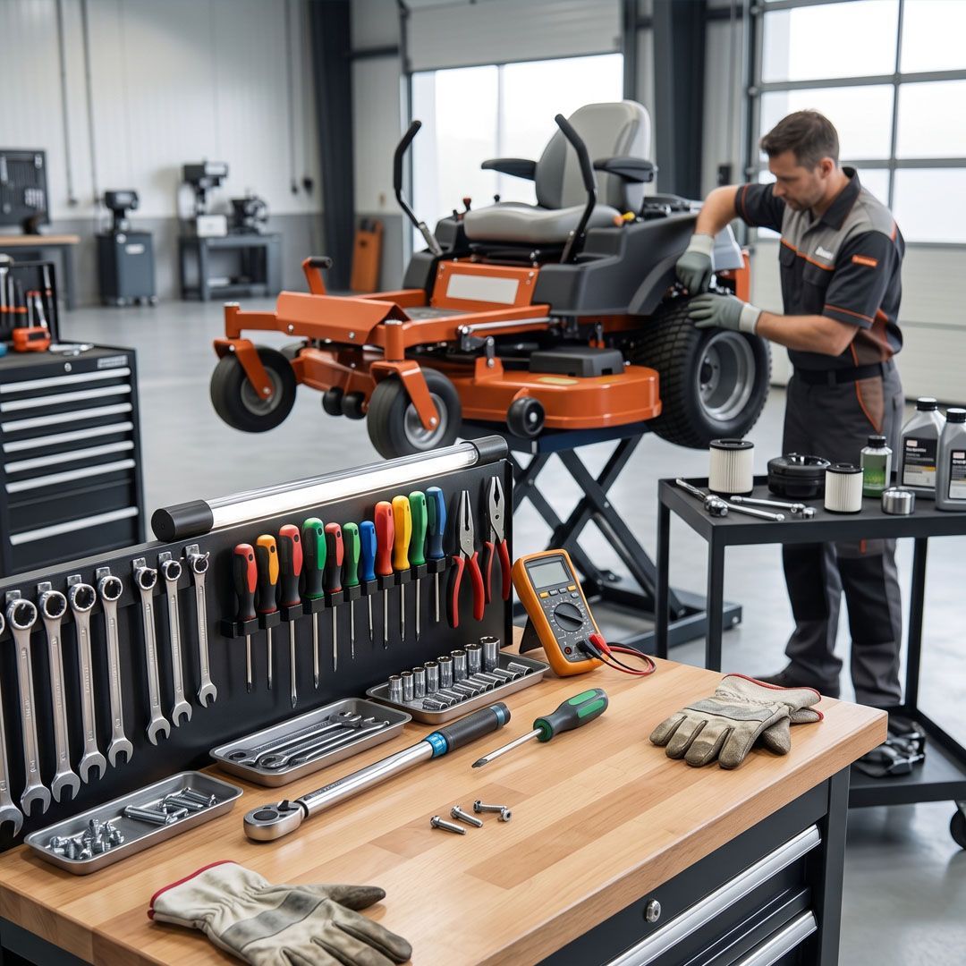 Mechanic servicing an orange riding mower in a workshop, with tools neatly arranged on a workbench.