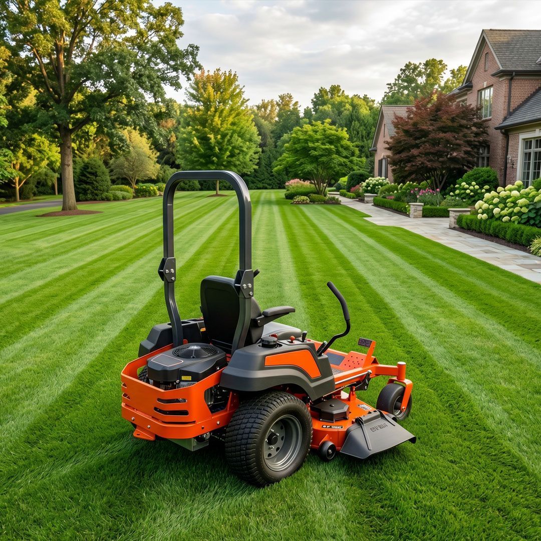 Orange zero-turn lawn mower on a striped green lawn in a suburban yard