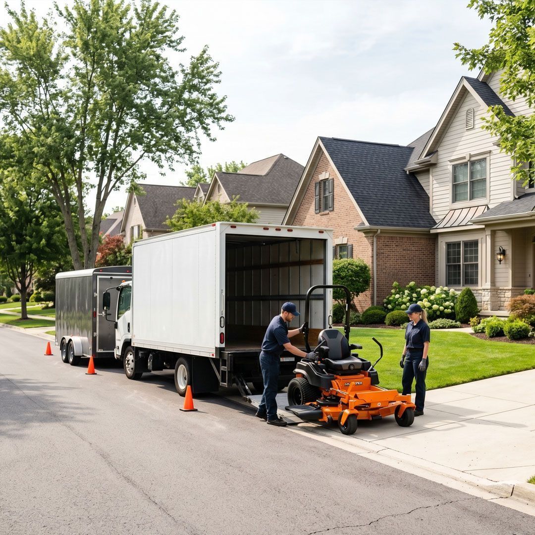 Workers unloading lawn equipment from a box truck on a suburban street, with cones and a mower on the sidewalk