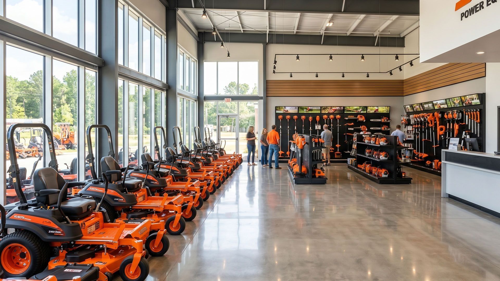 Bright orange riding lawn mowers displayed in a spacious showroom with large windows and polished concrete floors