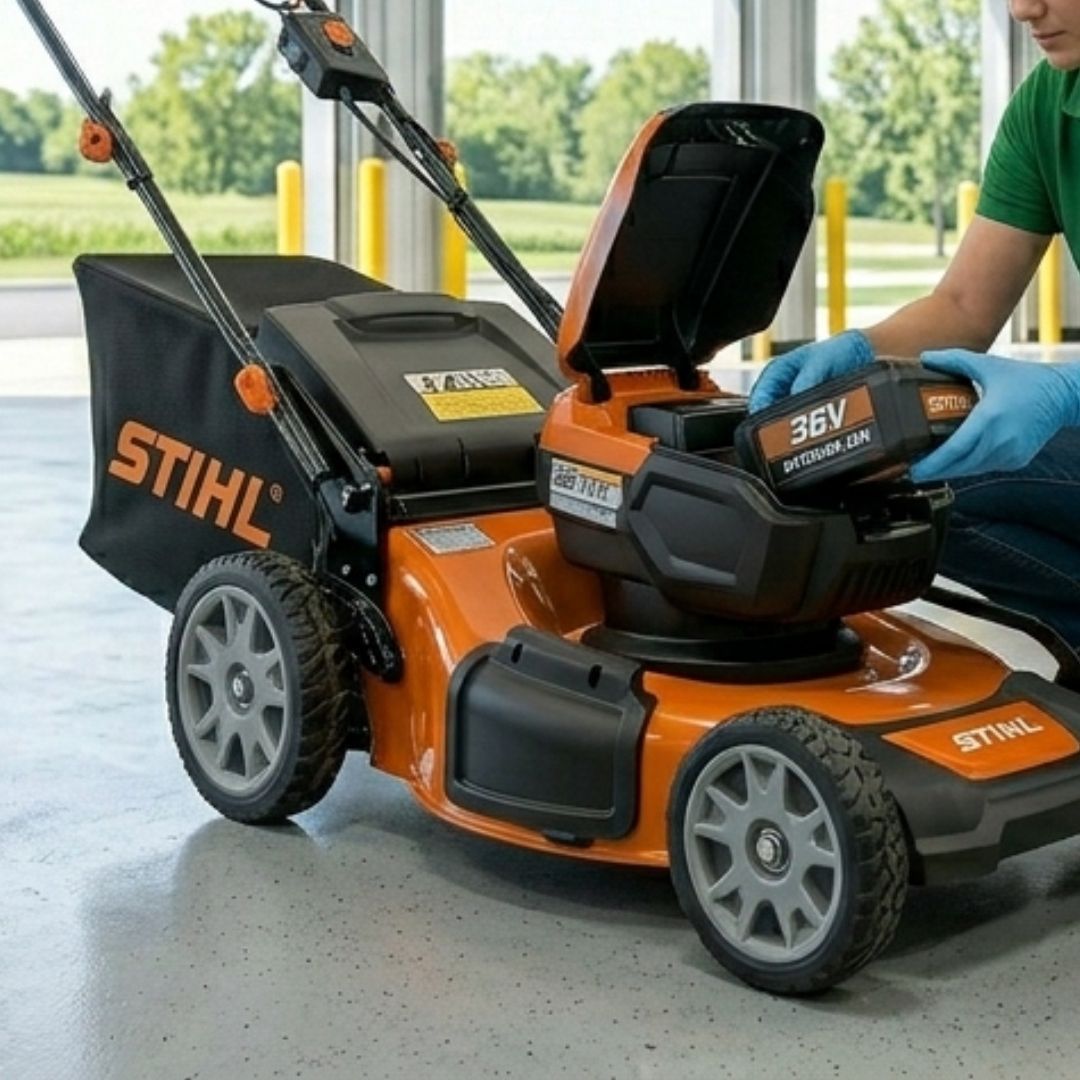 Person charging a STIHL electric riding lawn mower in a garage, with the battery compartment open.