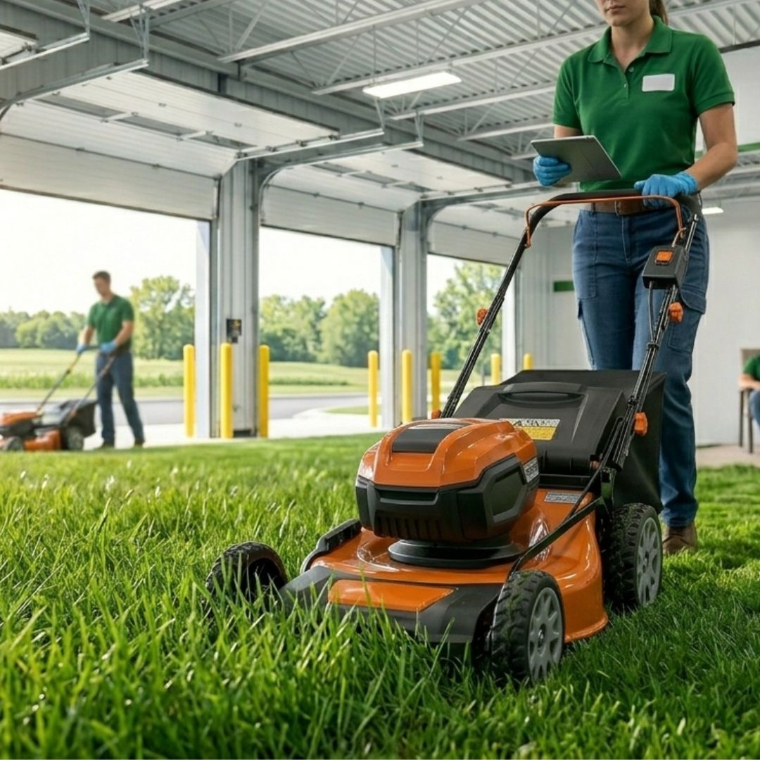 Person mowing tall grass with an orange push lawnmower in a covered outdoor area