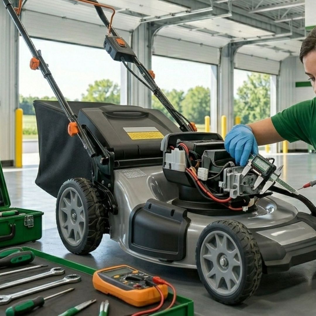 Person repairing a black electric lawn mower in a garage, with tools and test equipment nearby