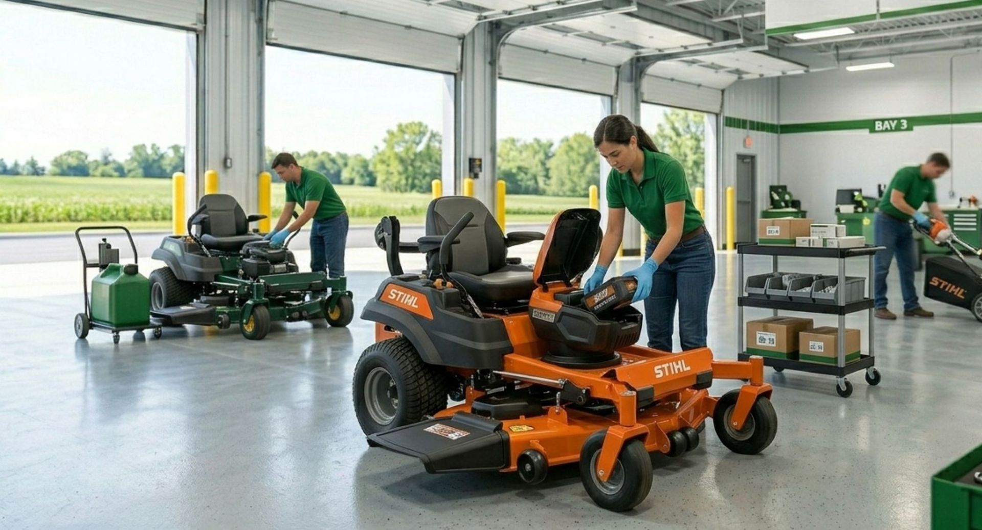 Technicians servicing riding lawn mowers in a bright workshop with tools and equipment.