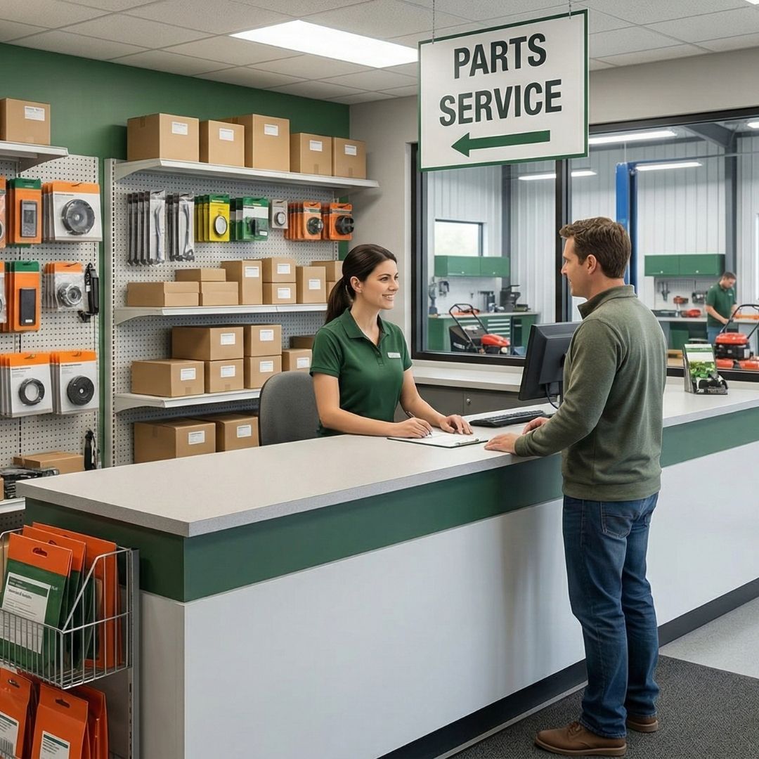 Customer at parts service counter in an auto shop, with shelves of parts and boxed inventory behind.
