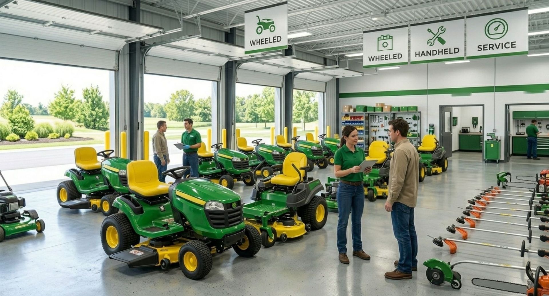 Green and yellow lawn tractors in a showroom, with two people talking inside a bright service center.