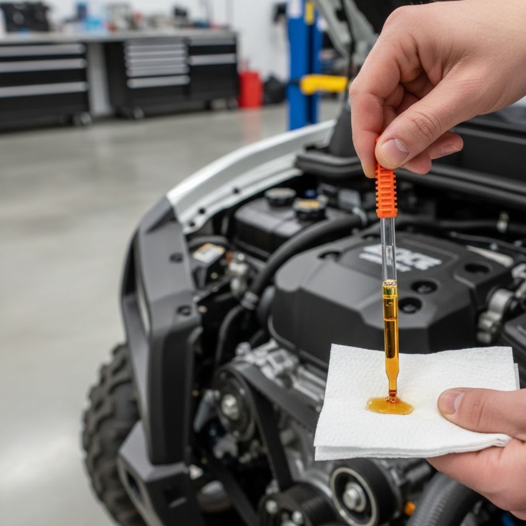 Hand checking oil with a dipstick on a lawn mower engine in a garage