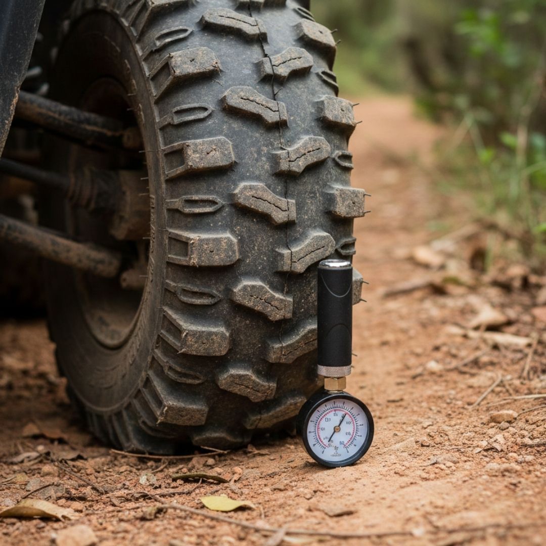 Flat off-road tire with a pressure gauge on dirt trail.