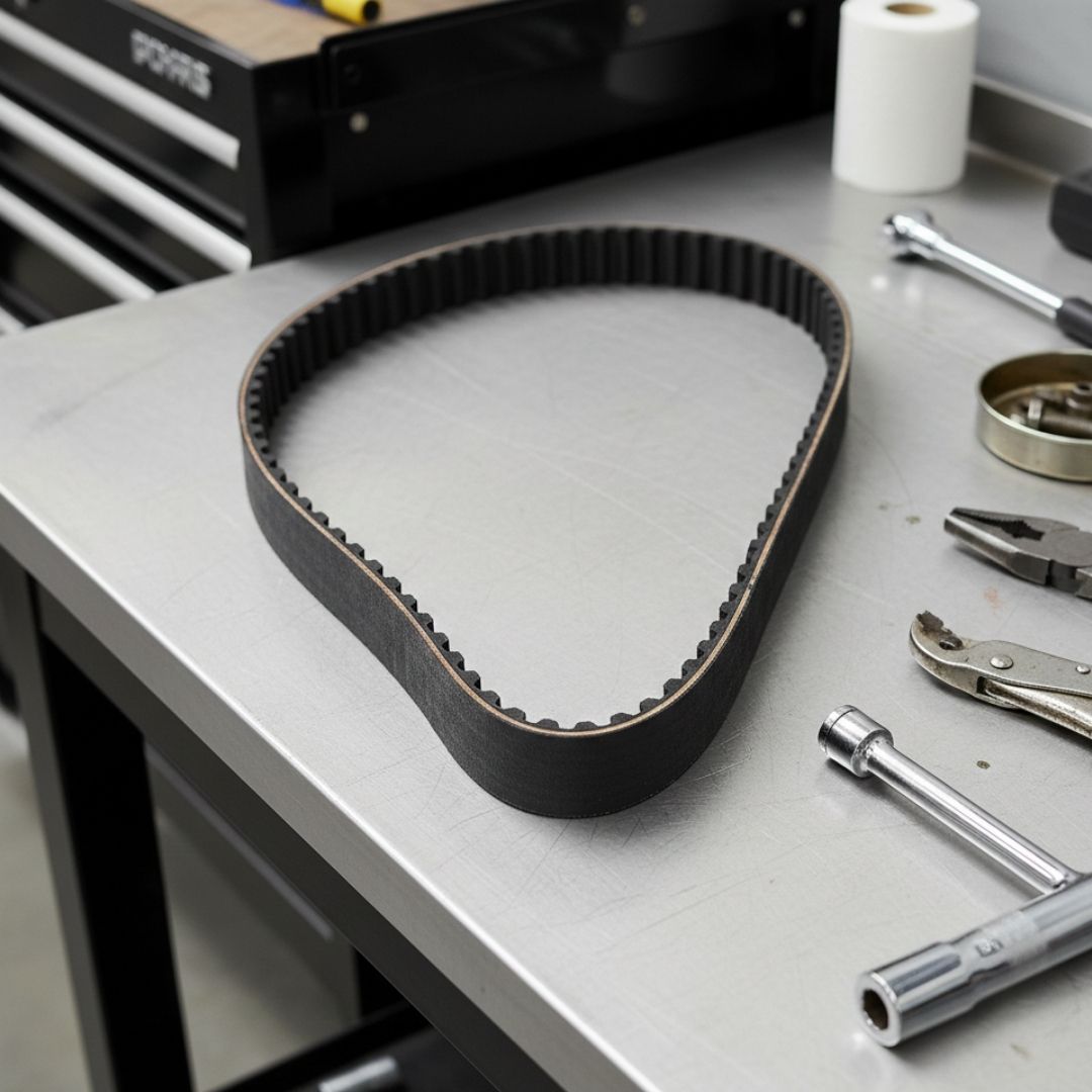 Black toothed timing belt on a gray workbench with tools nearby