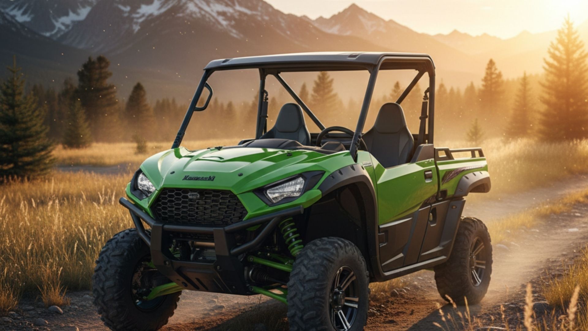 Green off-road utility vehicle on a dirt trail at sunrise, with mountains and pine trees in the background