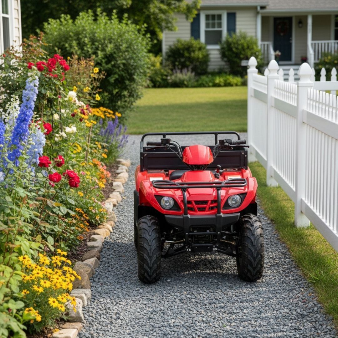 Red ATV parked on a gravel path beside a white fence and colorful flower garden in a yard.