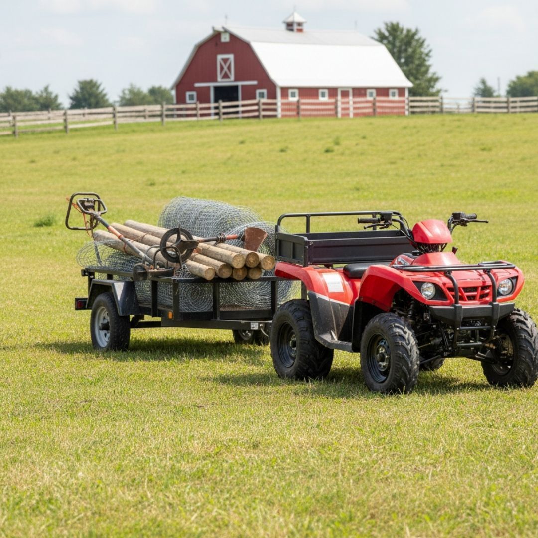 Red ATV pulling a trailer of logs across a grassy field with a red barn in the background
