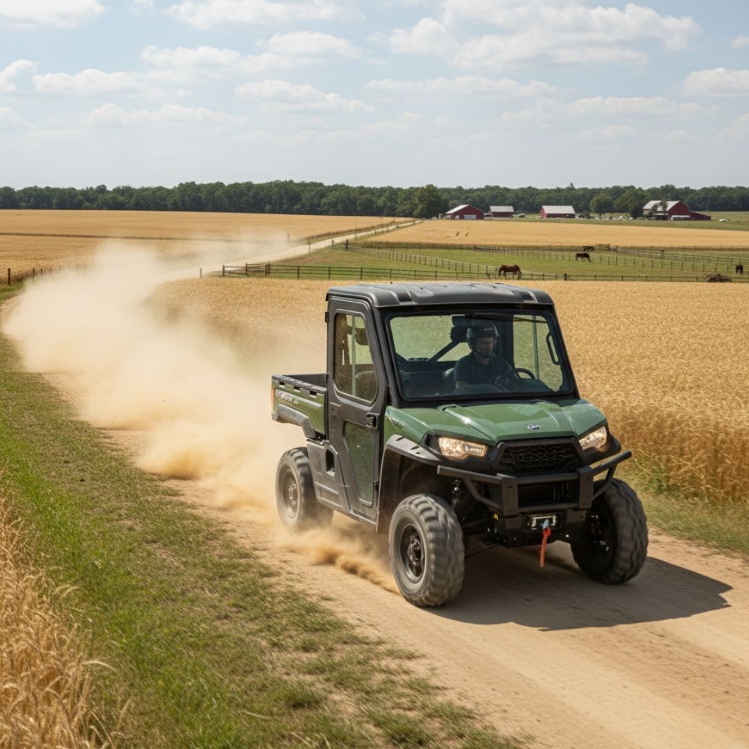 Green utility vehicle driving on a dusty farm road beside golden fields under a cloudy sky