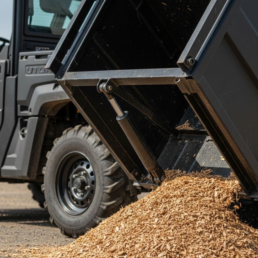 Dump truck unloading a pile of wood chips onto the ground.