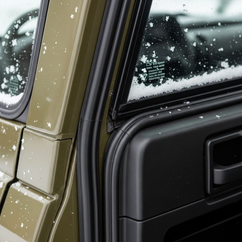 Close-up of an olive-green vehicle door with black interior trim and snow on the window.