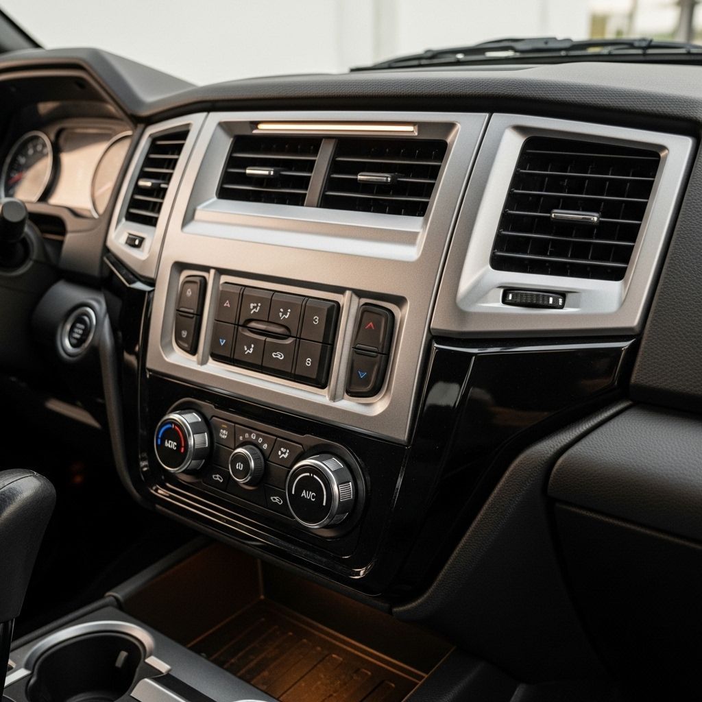 Car dashboard center console with vents, stereo, and climate controls in black and silver