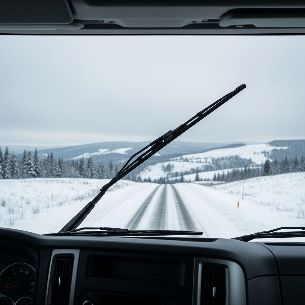 View from a car on a snowy road, with windshield wipers and winter hills ahead.