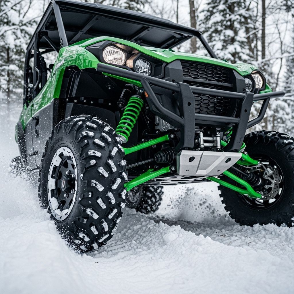 Green off-road buggy with oversized tires driving through snow, splashing powder