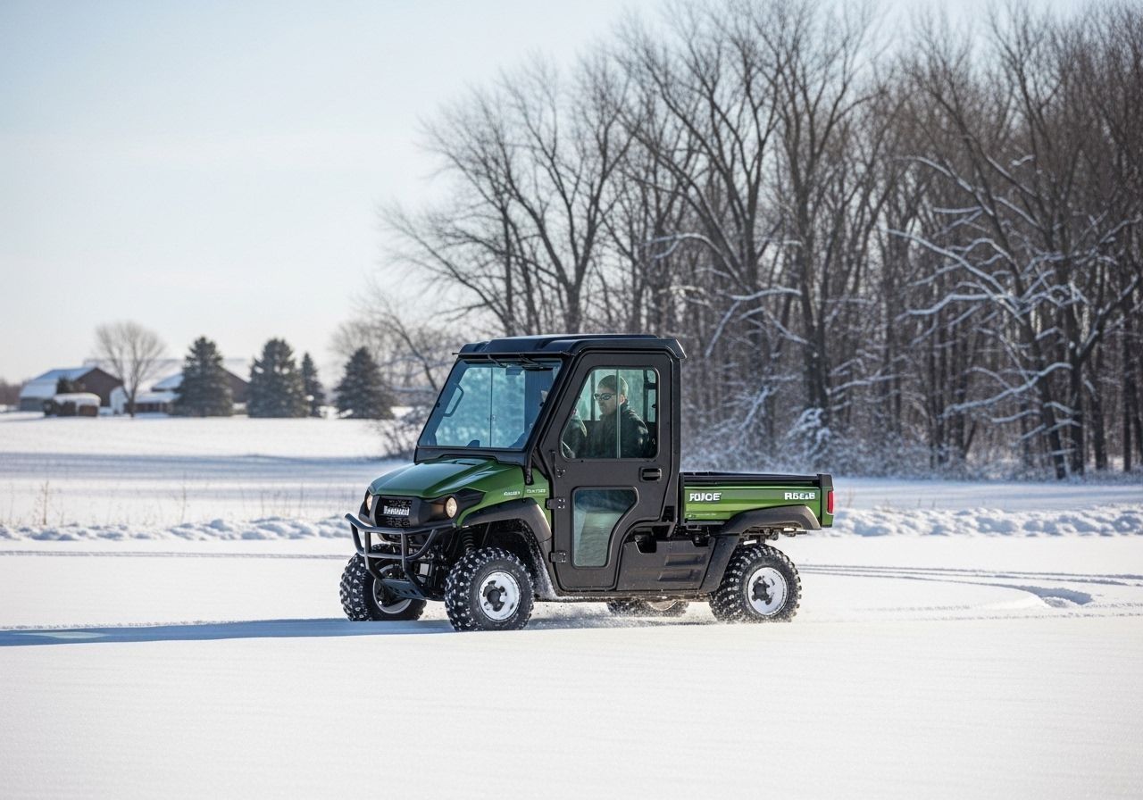 Green utility vehicle driving across a snowy field with trees in the background
