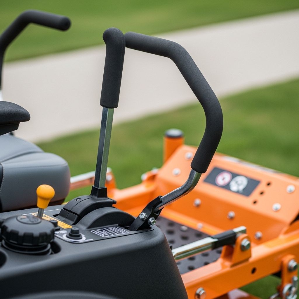 Close-up of orange lawn mower controls with black handlebars on grass, side view
