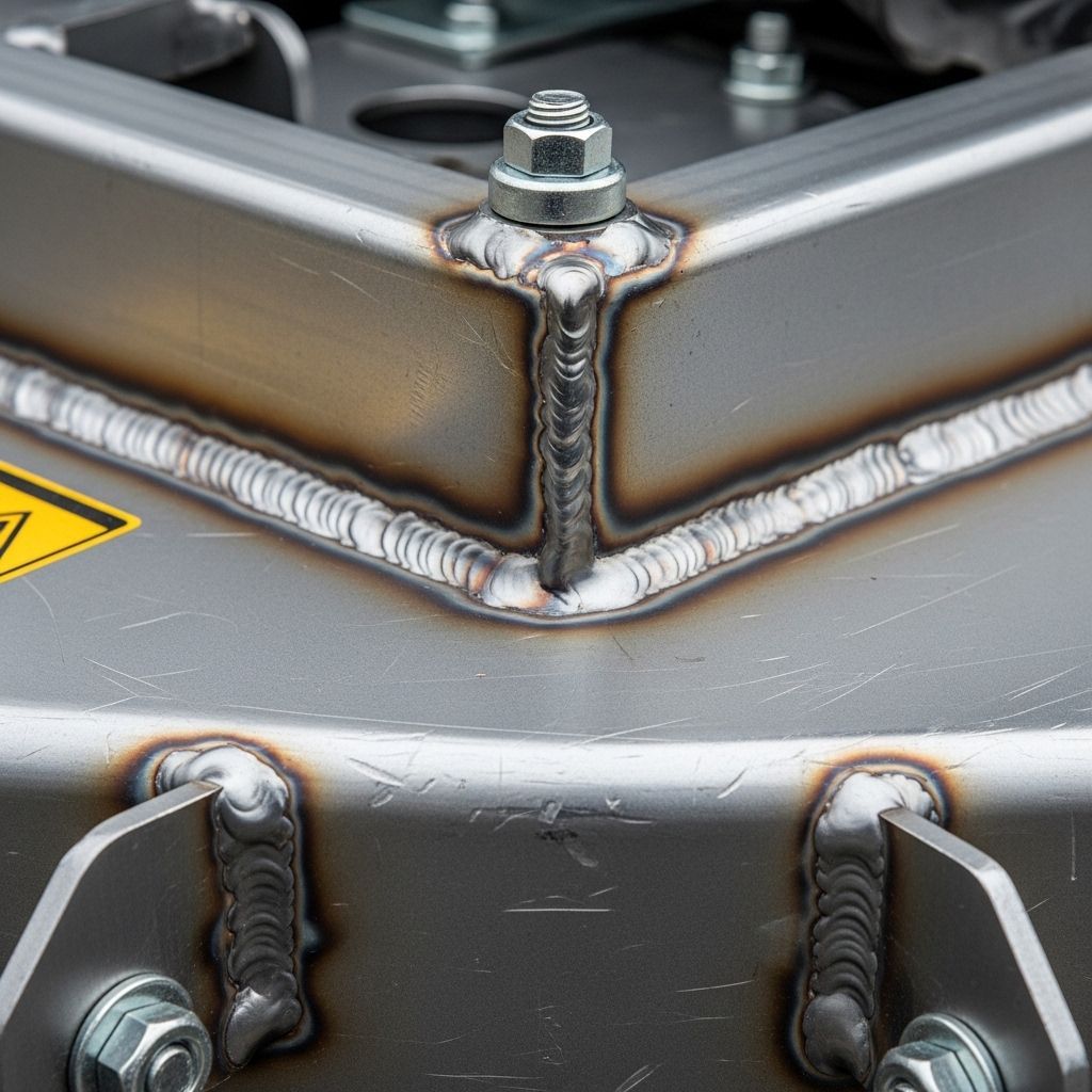 Close-up of welded metal corner joints with bolts and brackets on a gray frame.