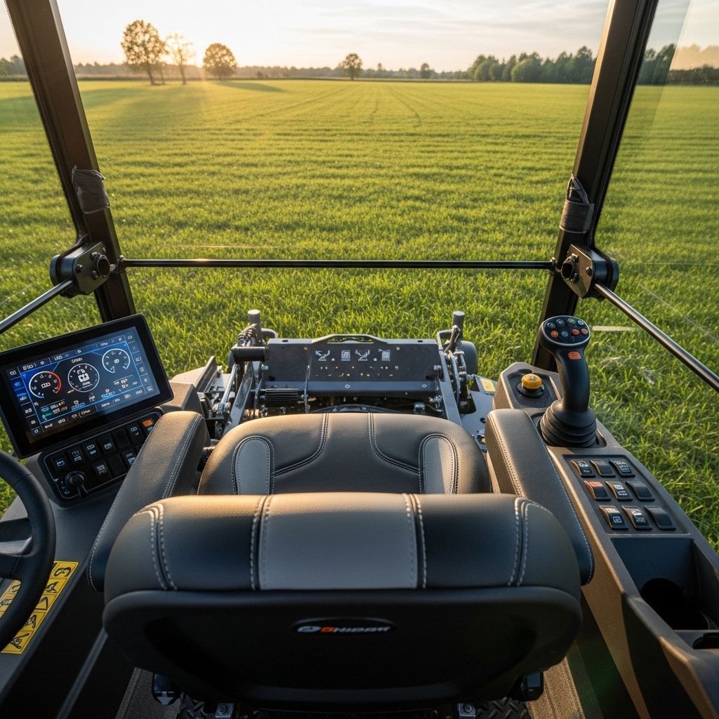 Cockpit view of a tractor or mower overlooking a green field at sunrise, with control screens and joysticks.