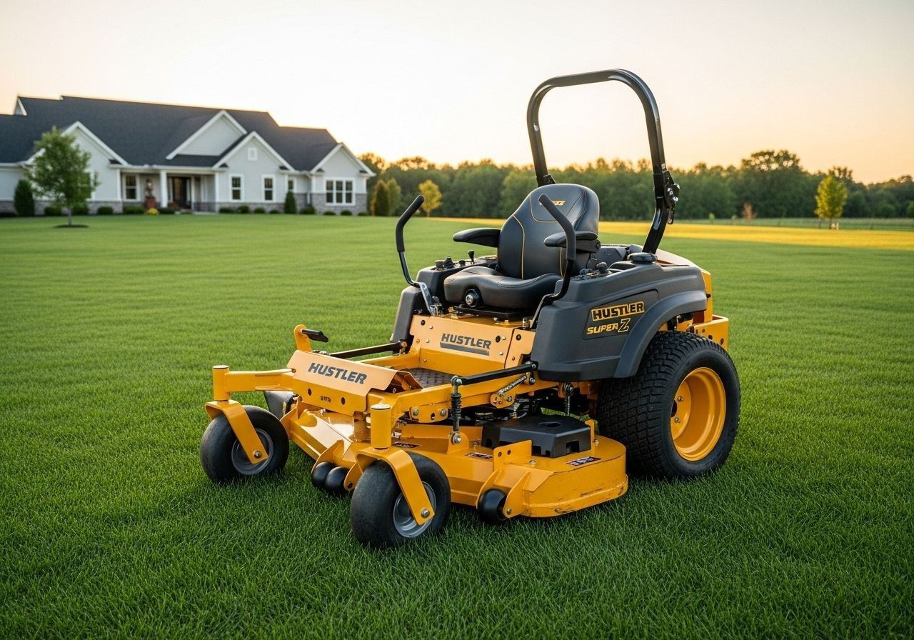 Yellow zero-turn mower on a green lawn with a house in the background