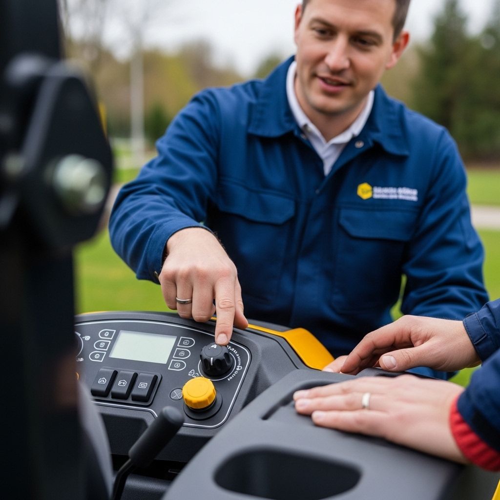 Two workers inspecting a yellow and black machine control panel outdoors