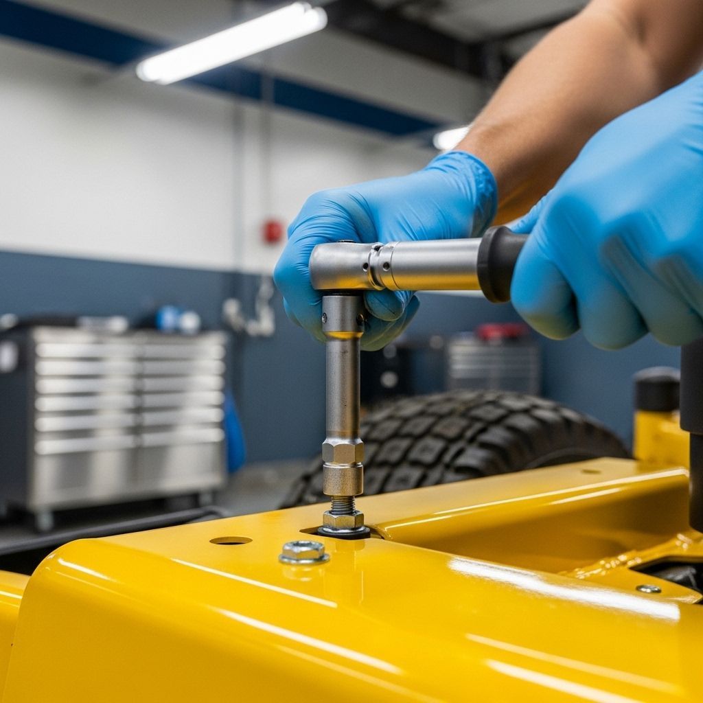 Blue-gloved hands using a torque wrench on a yellow machine in a workshop
