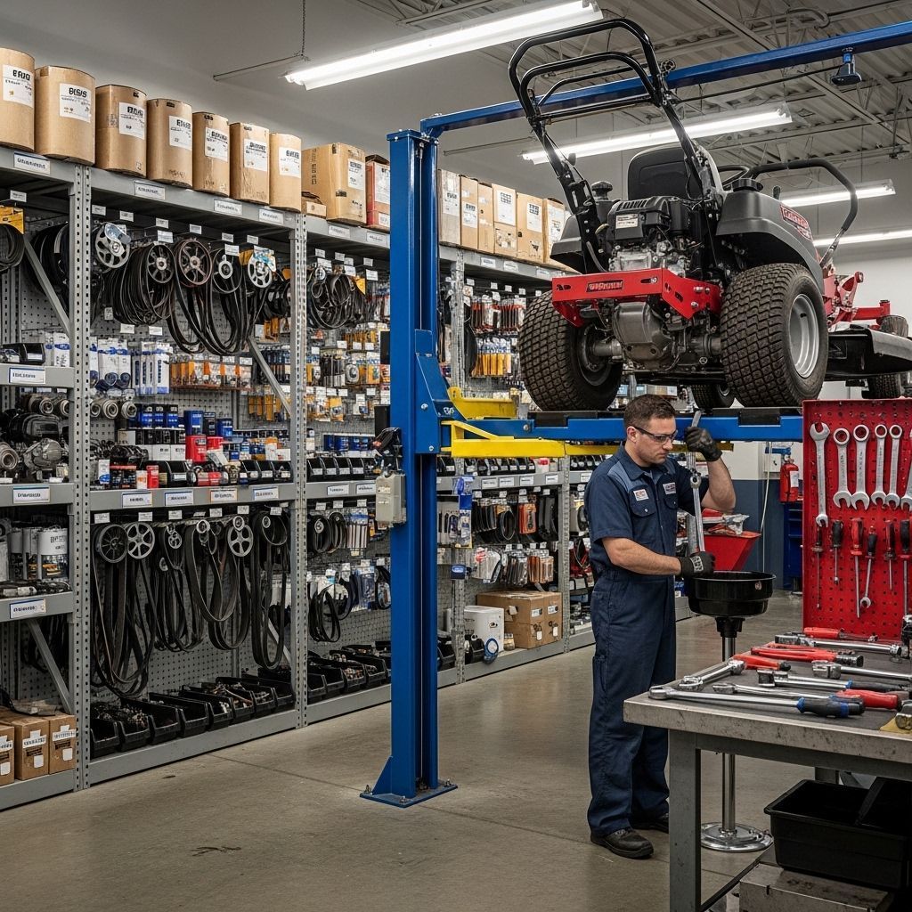 Mechanic working under a lifted off-road vehicle in a well-stocked auto repair shop