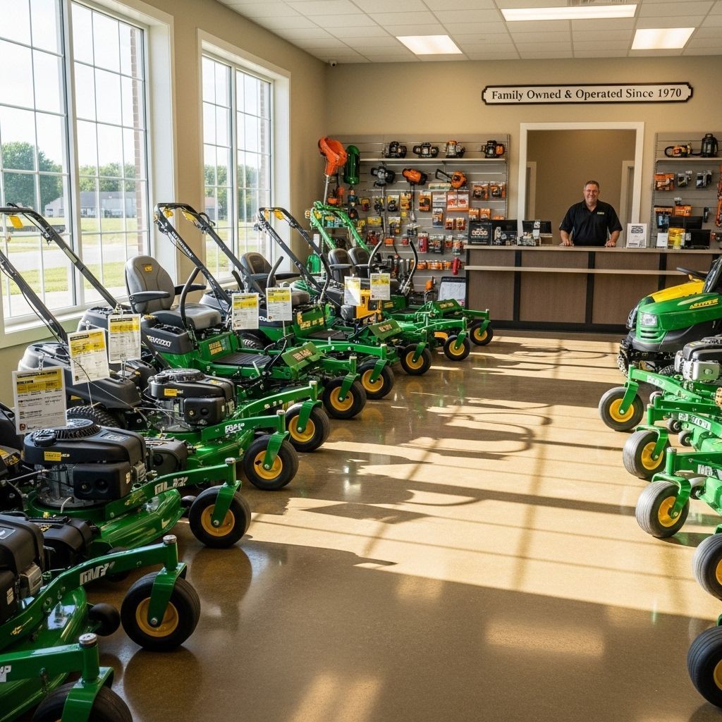 Showroom with rows of green lawn mowers and a person behind the counter