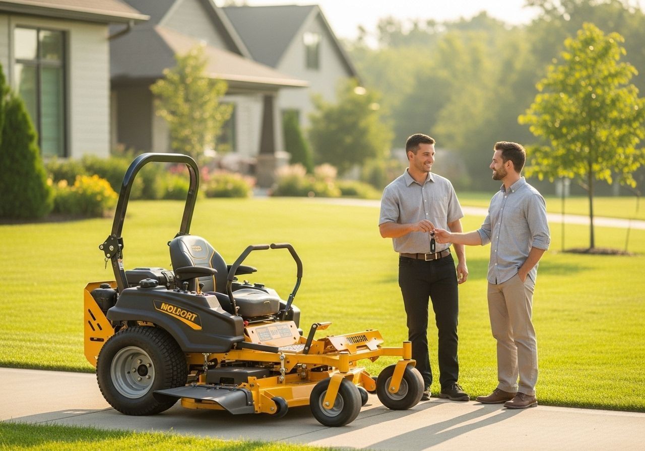 Two men talking beside a yellow lawn mower on a sunny suburban street with houses and green lawns.