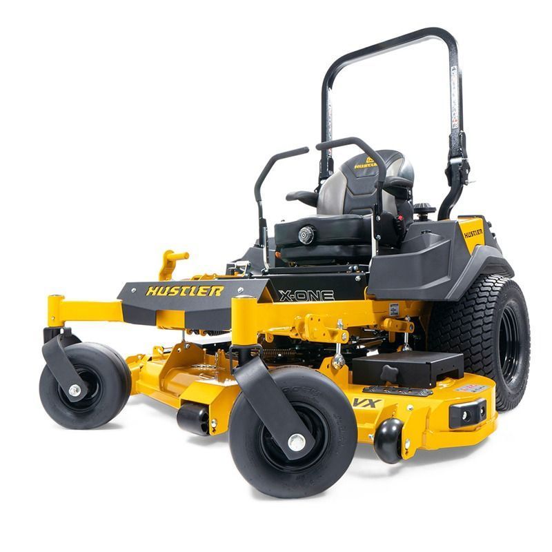 Yellow Husqvarna zero-turn lawn mower with front caster wheels on a white background