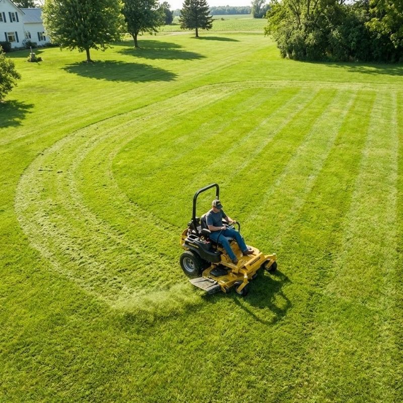 Person mowing a large green lawn with a riding mower, leaving a curved cut path.