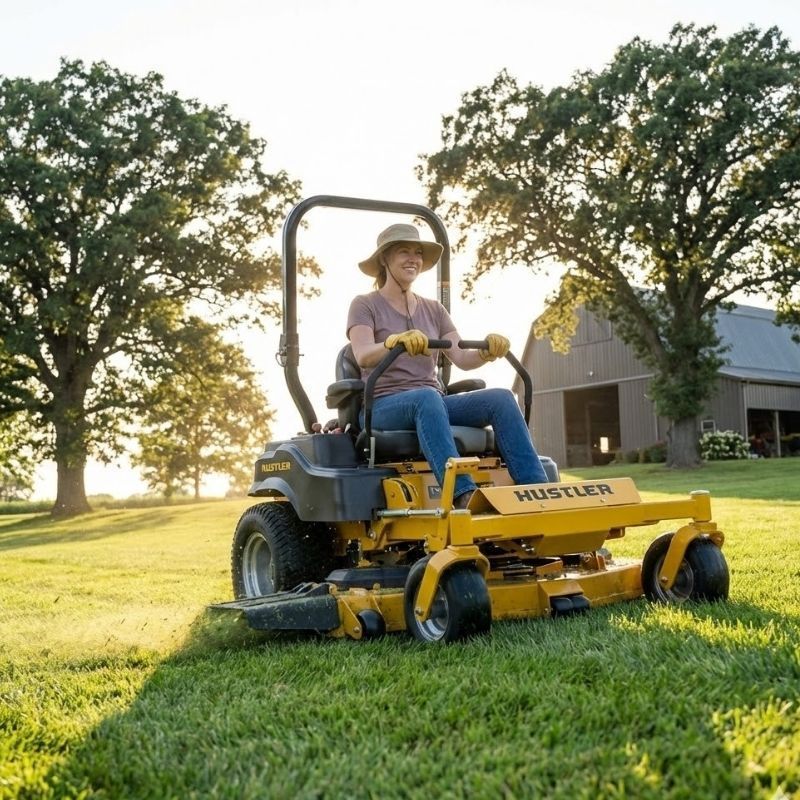 Person riding a yellow Hustler mower on a sunny lawn near a house and trees