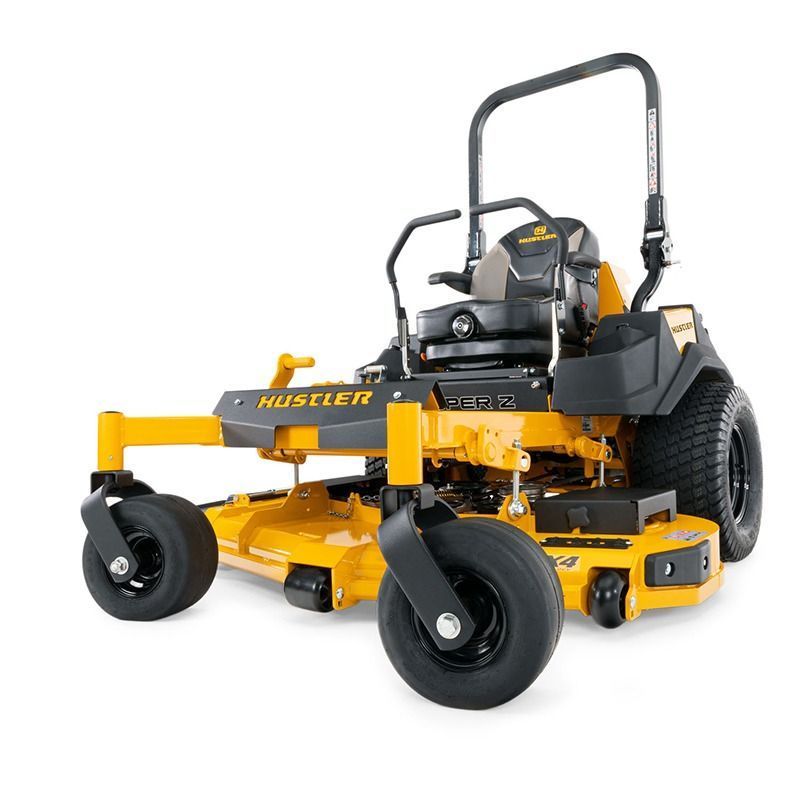Yellow Hustler ride-on mower with black seat and large front wheels on a white background