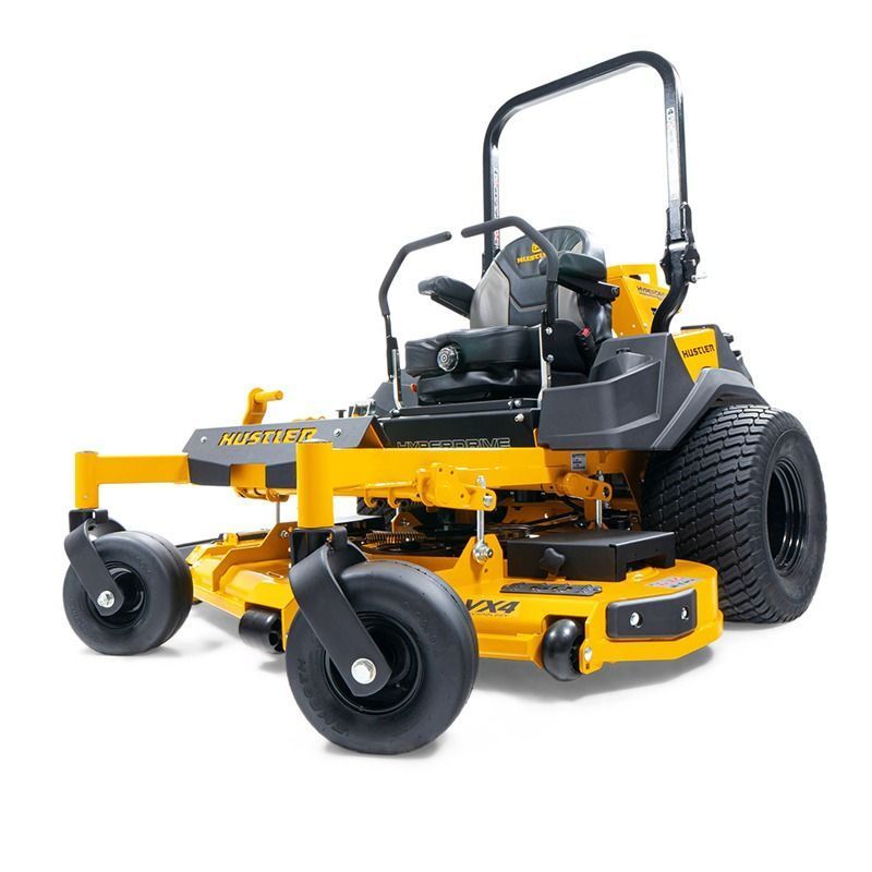 Yellow zero-turn lawn mower with black seat and large rear tires, shown on a white background