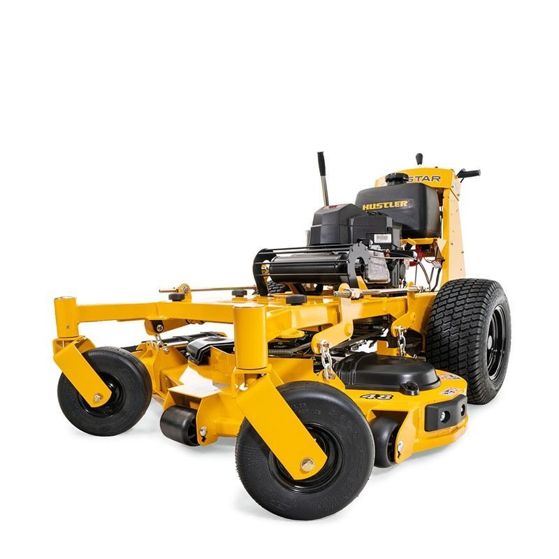 Yellow zero-turn riding lawn mower on a white background