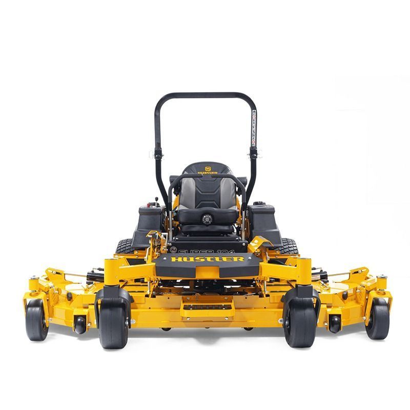 Yellow riding lawn mower with black seat and roll bar, front view on a white background