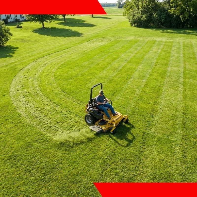 Person mowing a large green lawn on a riding mower, leaving curved mowing lines