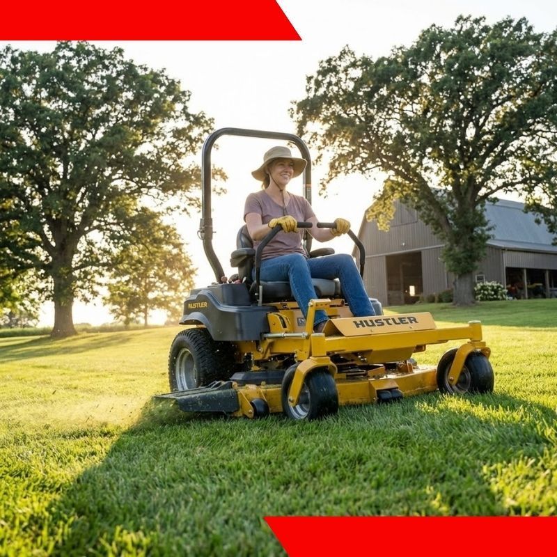 Person driving a yellow lawn mower on a grassy yard at sunset near a house and trees