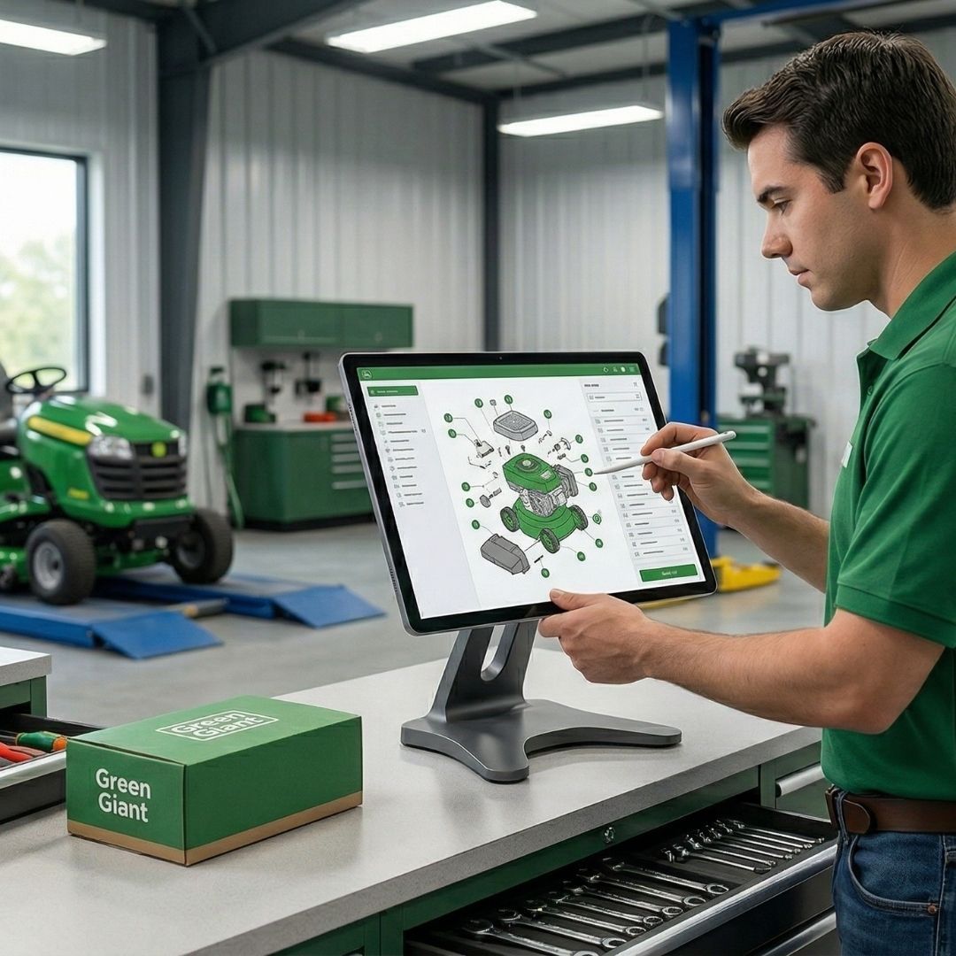 Man in green shirt using touchscreen monitor in workshop beside a green lawn tractor display