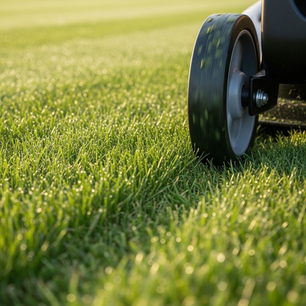 Close-up of a lawn mower wheel on a sunlit grassy lawn