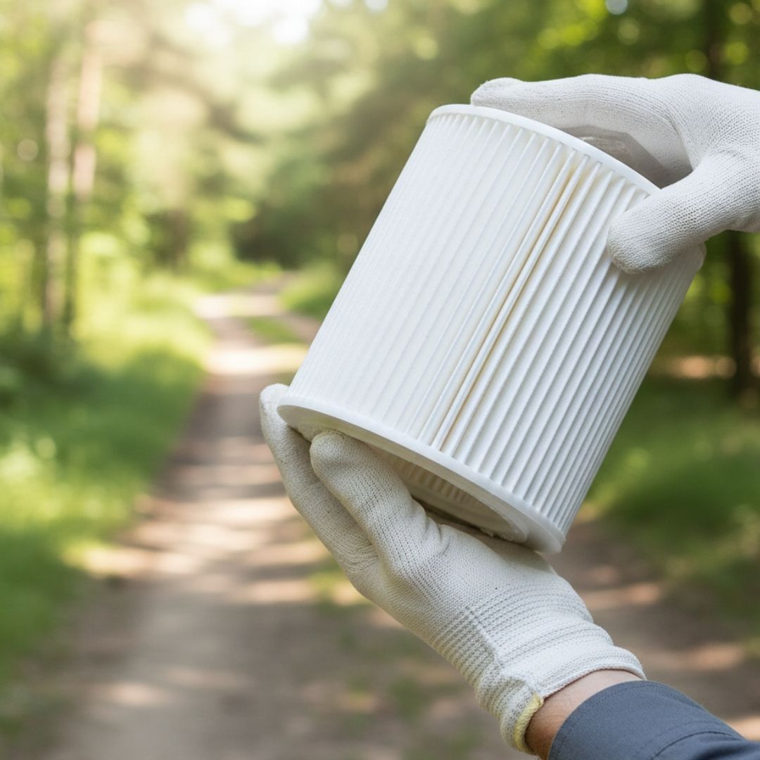 Gloved hands holding a white pleated air filter outdoors on a sunlit path