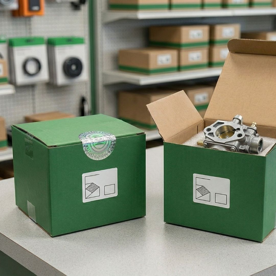 Two green shipping boxes on a table, one open with metal parts inside
