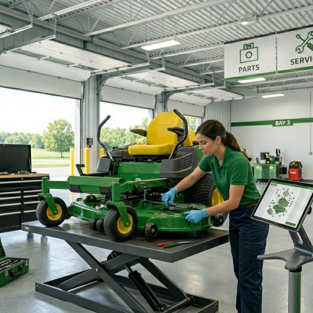 Mechanic servicing a green riding lawn mower in a bright workshop